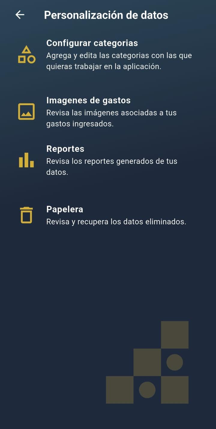 Pantalla de personalización en GGastos
